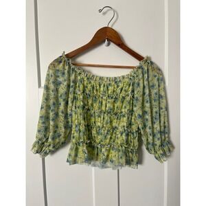 So Juniors Off The Shoulder Floral Ruffle Blouse Shirt Size S Yellow Green